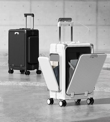 Aluminum Frame PC Carry On Luggage with Cup Holder, Phone Holder, TSA Approved Lock — Smart Luggage, feilario