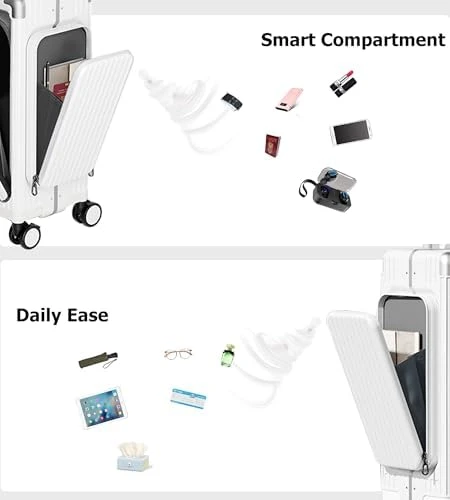 Aluminum Frame PC Carry On Luggage with Tri-Zone Access, Hard Shell, Brake Wheels, Cup Holder, and Phone Holder — Smart Luggage, feilario