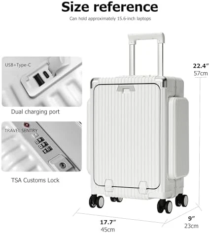 Aluminum Frame PC Carry On Luggage with Tri-Zone Access, Hard Shell, Brake Wheels, Cup Holder, Phone Holder, TSA... — Smart Luggage, feilario