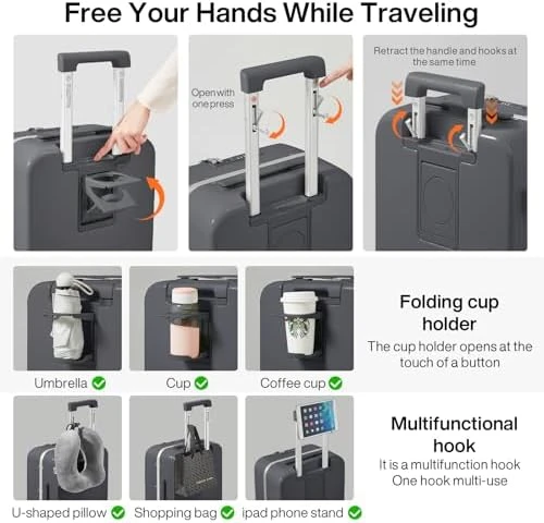 Carry On Luggage with Cup Phone Holder and Charger Hard Shell Suitcases with Spinner Wheels — Smart Luggage, mixi