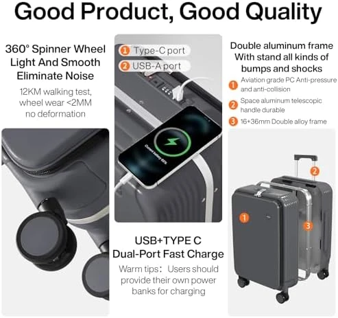 Carry On Luggage with Cup Phone Holder and Charger Hard Shell Suitcases with Spinner Wheels — Smart Luggage, mixi