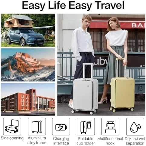 Carry On Luggage with Cup Phone Holder and Charger Hard Shell Suitcases with Spinner Wheels — Smart Luggage, mixi