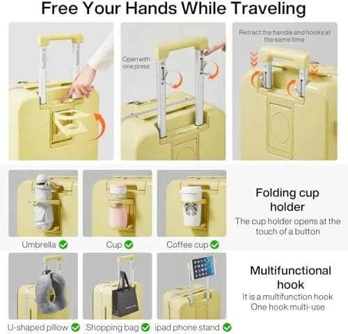 Carry On Luggage with Cup Phone Holder and Charger Hard Shell Suitcases with Spinner Wheels — Smart Luggage, mixi