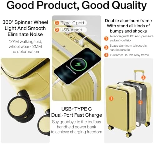 Carry On Luggage with Cup Phone Holder and Charger Hard Shell Suitcases with Spinner Wheels — Smart Luggage, mixi