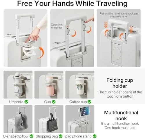 Carry On Luggage with Cup Phone Holder and Charger Hard Shell Suitcase — Smart Luggage, mixi