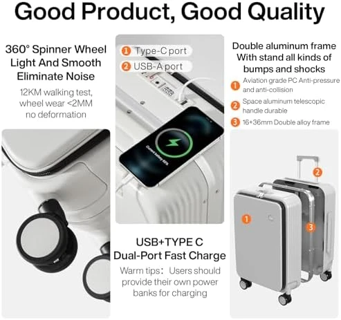 Carry On Luggage with Cup Phone Holder and Charger Hard Shell Suitcase — Smart Luggage, mixi
