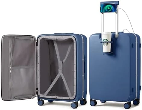 Carry On Luggage with Cup Phone Holder and Charger Hard Shell Suitcase — Smart Luggage, mixi