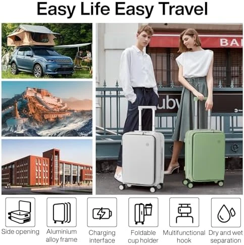 Carry On Luggage with Cup Phone Holder and Charger Hard Shell Suitcases with Spinner Wheels — Smart Luggage, mixi