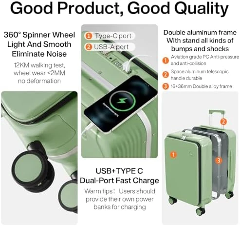 Carry On Luggage with Cup Phone Holder and Charger Hard Shell Suitcases with Spinner Wheels — Smart Luggage, mixi