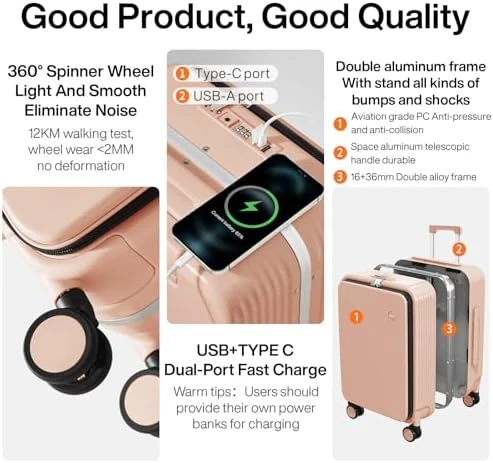 Carry On Luggage with Cup Phone Holder and Charger Hard Shell Suitcase with Spinner Wheels — Smart Luggage, mixi