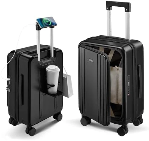 Top Opening Carry-On Luggage with Cup Holder, Phone Holder, USB Port, Expandable Hard Shell — Smart Luggage, CASELLY