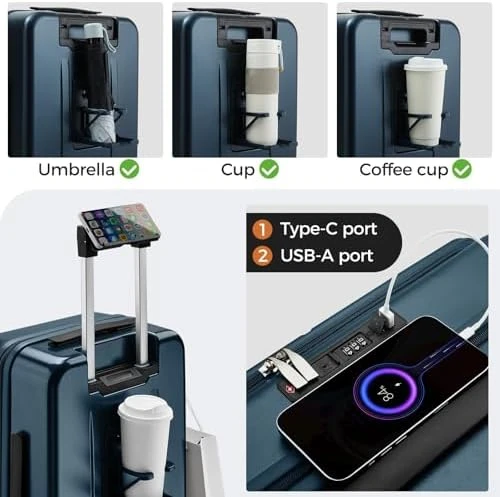 Top Opening Expandable Hard Shell Suitcase with Cup Holder, Phone Holder, and USB Charging Port — Smart Luggage, CASELLY