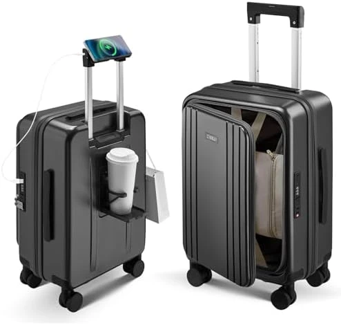 Top Opening Expandable Hard Shell Suitcase with Cup Holder, Phone Holder, and USB Charging Port — Smart Luggage, CASELLY
