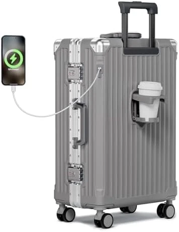 Zipperless Luggage with Spinner Wheels, Charger, and Cup Holder — Smart Luggage, Krute