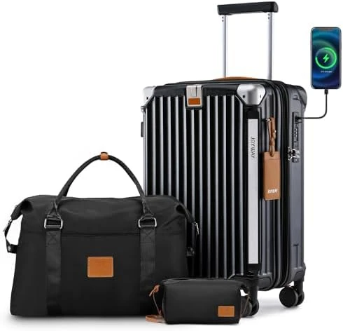3 Piece Set Hardside Expandable Luggage with USB Charging Port and Cup Holder — Smart Luggage, Joyway