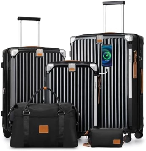 5 Piece Luggage Set with Cup Holder, Expandable Capacity, Includes Handbag, Anti Slip Wheels, Hook, Smart Carry On... — Smart Luggage, Joyway