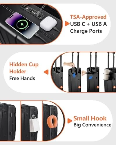 Carry On Luggage with Aluminum Frame, Cup Holder, USB Charging, and 360° Spinner Wheels — Smart Luggage, ISLAND ELEPHANT