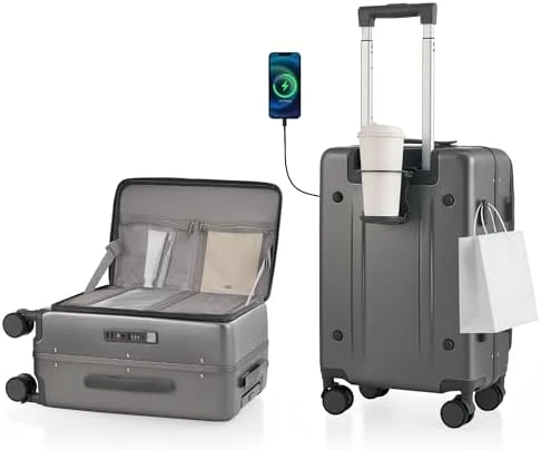Carry On Luggage with Cup Holder, USB Charge, Side Pothook, 360° Spinner Wheels, TSA Lock — Smart Luggage, ISLAND ELEPHANT