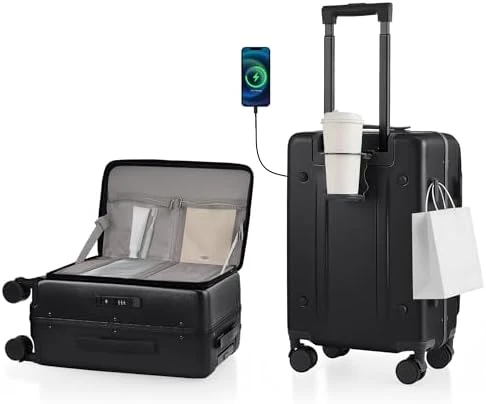Carry On Luggage with Cup Holder, USB Charge, Side Pothook, 360° Spinner Wheels, TSA Lock — Smart Luggage, ISLAND ELEPHANT