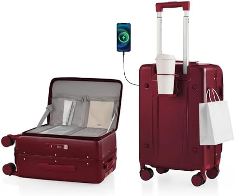 Carry On Luggage with Cup Holder, USB Charging, and 360° Spinner Wheels — Smart Luggage, ISLAND ELEPHANT