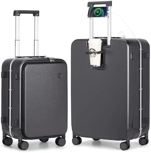 Carry On Luggage with Cup Phone Holder and Charger Hard Shell Suitcase with Spinner Wheels — Smart Luggage, mixi