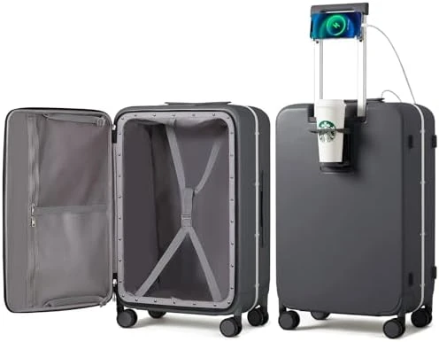 Large Checked Luggage with Cup Phone Holder and Charger Hard Shell Suitcases with Spinner Wheels — Smart Luggage, mixi