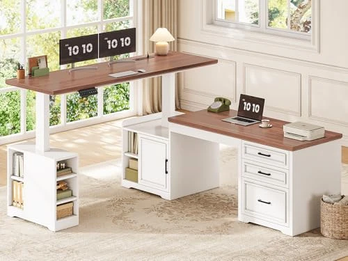 Farmhouse L Shaped Electric Standing Desk with Drawers and Shelves — Standing Desk, SEDETA