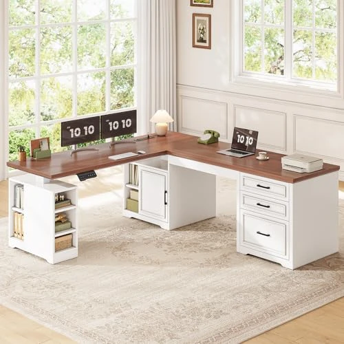 Farmhouse L Shaped Electric Standing Desk with Drawers and Shelves — Standing Desk, SEDETA