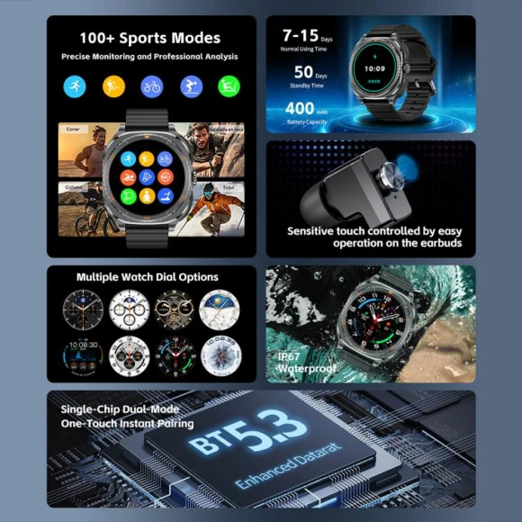 1.53-inch Display 2-in-1 Smart Sports Watch with TWS Bluetooth Earphones — Fitness Tracker