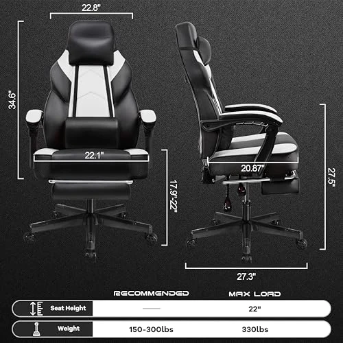 Big and Tall Gaming Chair with Footrest, Massage Lumbar Support, and Wide Seat — Smart Chairs, Meilocar