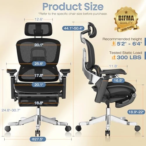 Ergonomic Office Chair with Sync Lumbar Support, Sliding Seat, 4D Arm, 150° Recline, Adjustable Back, Footrest, Aluminum... — Smart Chairs, GABRYLLY