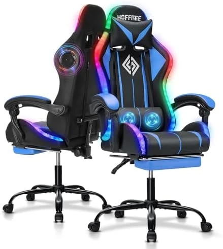 Gaming Chair with Bluetooth Speakers, RGB LED Lights, Massage Lumbar Support, and Retractable Footrest — Smart Chairs, VANSPACE