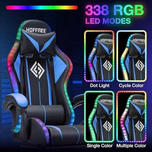 Gaming Chair with Bluetooth Speakers, RGB LED Lights, Massage Lumbar Support, and Retractable Footrest — Smart Chairs, VANSPACE