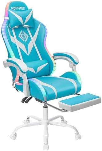 Gaming Chair with Bluetooth Speakers, RGB LED Lights, Massage Lumbar Support, and Retractable Footrest — Smart Chairs, VANSPACE