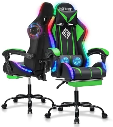 Gaming Chair with Bluetooth Speakers, RGB LED Lights, Massage Lumbar Support, and Retractable Footrest — Smart Chairs, VANSPACE