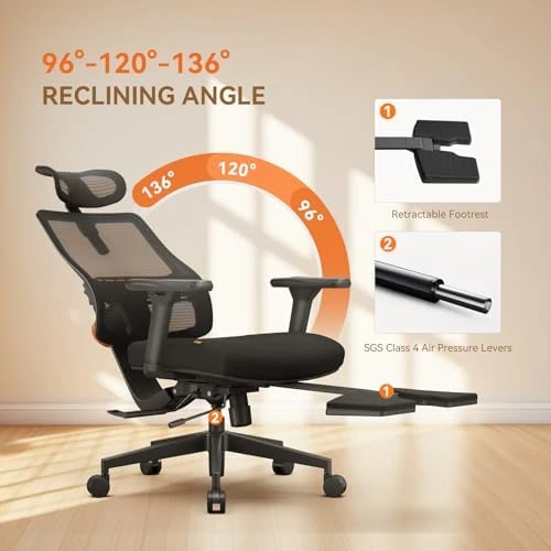 Office Chair with Footrest, Auto-Following Lumbar Support, High Back Desk Chair with 4D Armrest, 136° Tilt Lock,... — Smart Chairs, NEWTRAL