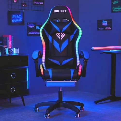 Gaming Chair with Massage, Bluetooth Speakers, and LED Lights — Smart Chairs, HOFFREE