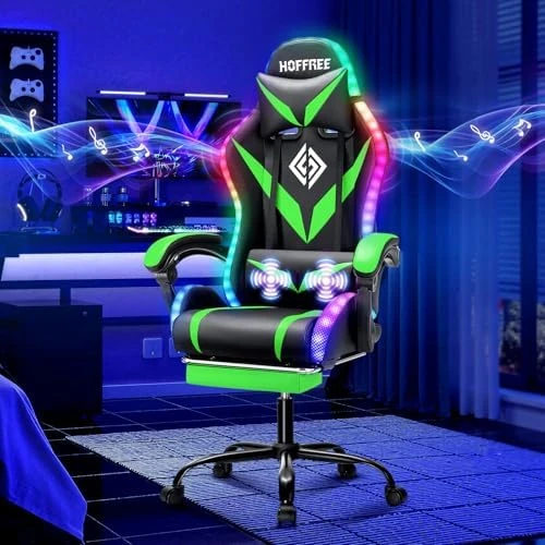 Gaming Chair with Massage, Bluetooth Speakers, and LED Lights — Smart Chairs, HOFFREE