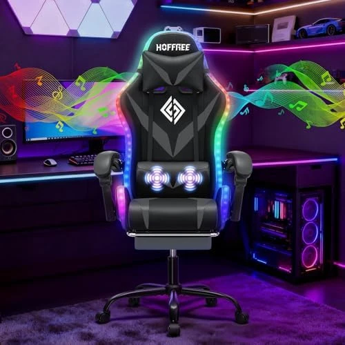 Gaming Chair with Massage, Bluetooth Speakers, and LED Lights — Smart Chairs, HOFFREE