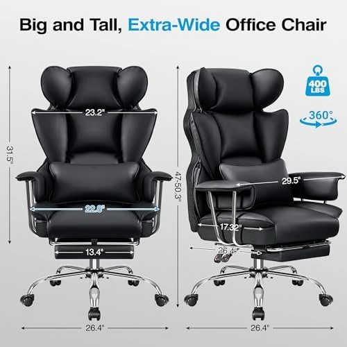 Office Chair Comfy, Big and Tall Executive Leather Chair, High Back Ergonomic Wide Chair with Footrest, Reclining... — Smart Chairs, ALLGOD