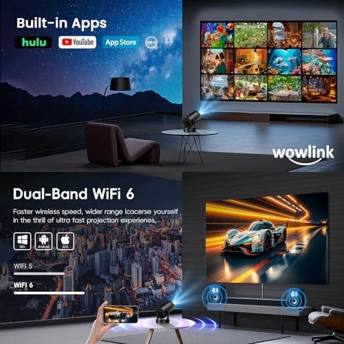 Mini Projector with WiFi 6 and Bluetooth 5.4 Support 4K 1080P Auto Keystone 180° Rotatable — Smart Projector, wowlink