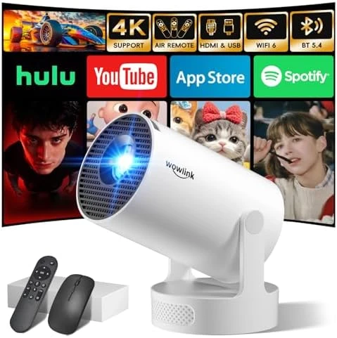 Mini Projector with WiFi 6 and Bluetooth 5.4 Support 4K 1080P Auto Keystone 180° Rotatable — Smart Projector, wowlink