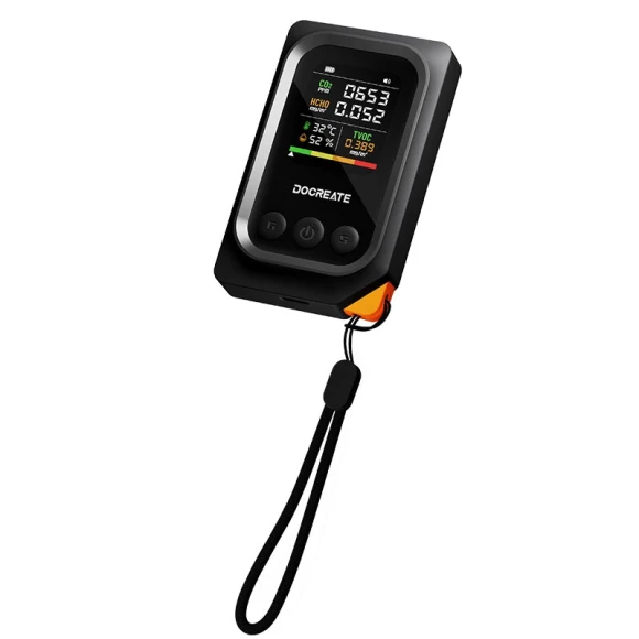 5-in-1 Portable Air Quality Monitor with Real-Time CO2, Formaldehyde, TVOC, Temperature, and Humidity Detection — Air Quality Monitor, DOCREATE