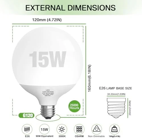 LED Light Bulb, G120 Globe Bulb, 15W Globe Light Bulbs, Daylight 5000k Non-Dimmable, E26 Base Large Decorative Lamp,... — Smart Light Bulb, Jardhom