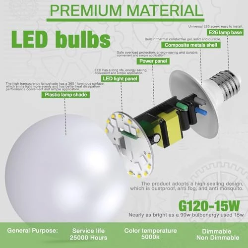 LED Light Bulb, G120 Globe Bulb, 15W Globe Light Bulbs, Daylight 5000k Non-Dimmable, E26 Base Large Decorative Lamp,... — Smart Light Bulb, Jardhom