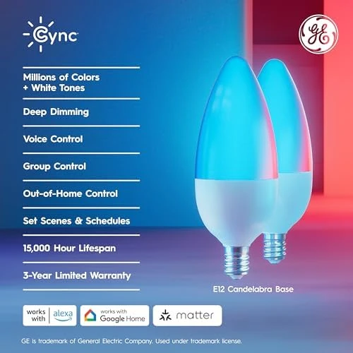 Smart LED Light Bulbs, Color Changing Decorative, Candelabra Base (3 Pack) — Smart Light Bulb, GE