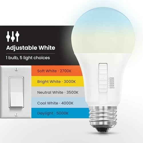 A19 LED Light Bulb, 60W Equivalent, Dimmable, Color Selectable 6-Way — Smart Light Bulb, Feit Electric