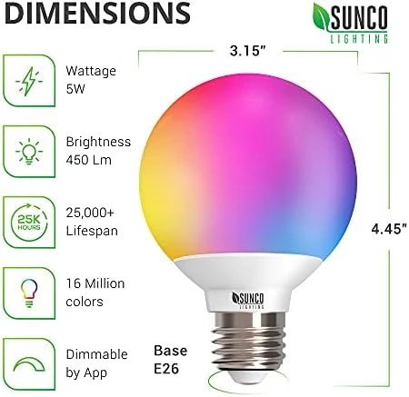 Smart Globe Bulbs G25, Alexa Compatible Decorative Round Vanity Bulbs, 5W, Color Changing RGBCW, Dimmable WiFi Vanity... — Smart Light Bulb, Sunco