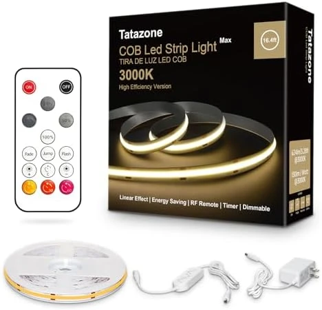 COB Led Strip Lights Max with RF Remote, 16.4ft 3000K CRI93+ Dimmable Ultra Bright Warm White — LED Strip Lights, Tatazone