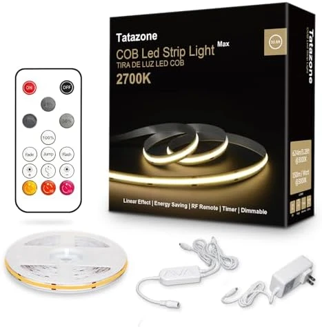 COB Led Strip Lights Max with RF Remote, 16.4ft 3000K CRI93+ Dimmable Ultra Bright Warm White — LED Strip Lights, Tatazone